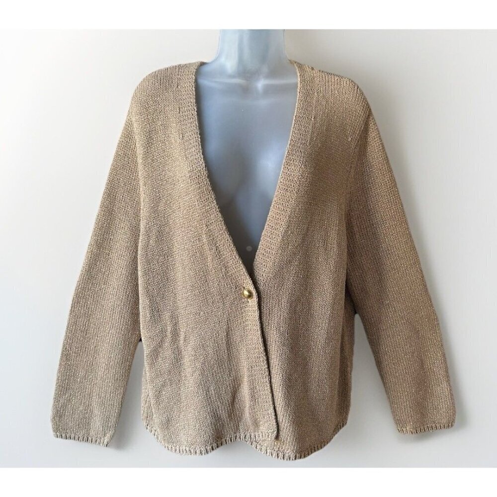 J. Jill Gold Metallic Knit One Button Cardigan Sweater Womens Size Large Festive